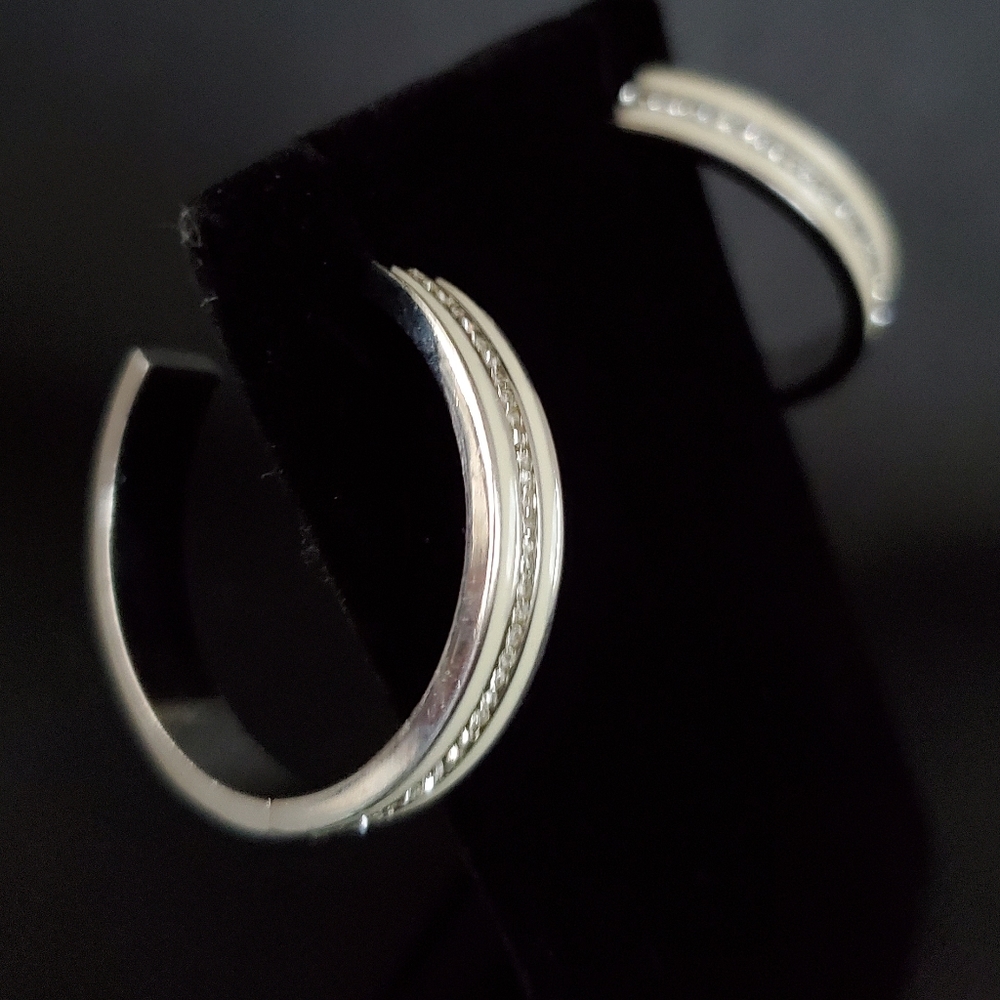 Silver Enameled Rhinestone Hoop Earrings